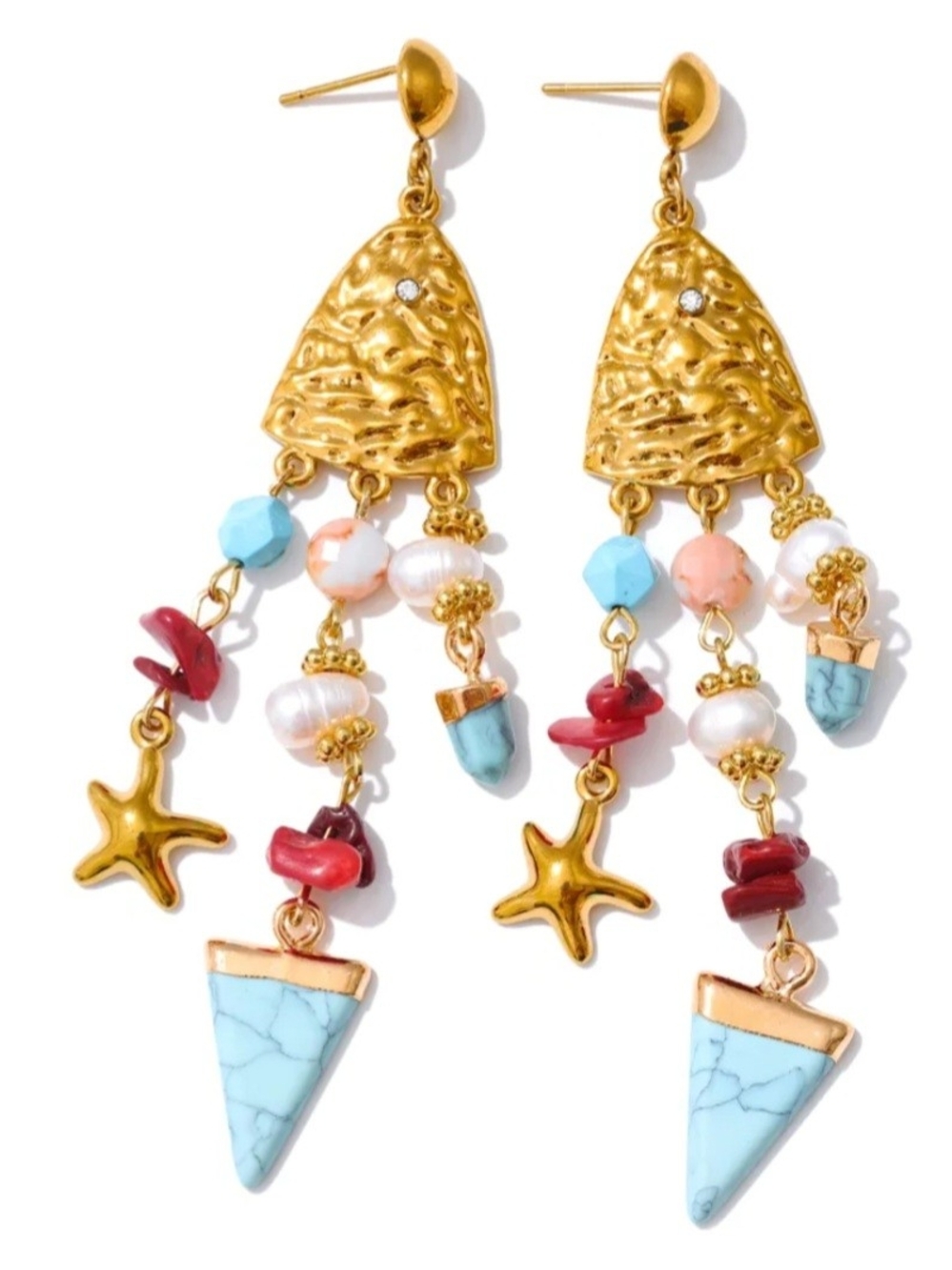 Gold-plated Dangle Earrings with Turquoise Triangle & Coral Bead Accents -Summer